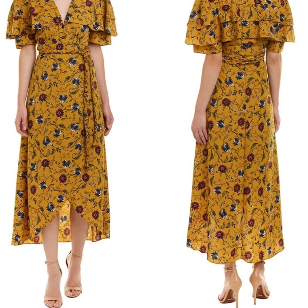 MISA Los Angeles Wrap Midi Dress Size XS Yellow Wildflower Boho Summer